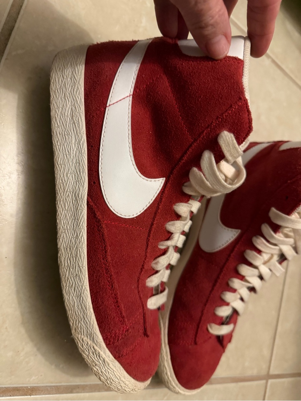 Nike Red Suede High-Top Sneakers with White Swoosh